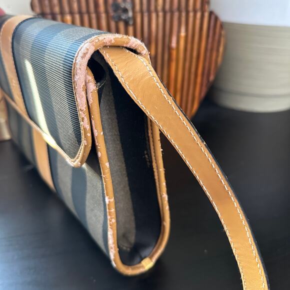 FENDI VTG 80s Pequin Stripe Cognac Saddle Flap Shoulder Bag Convertible Clutch - Picture 4 of 16